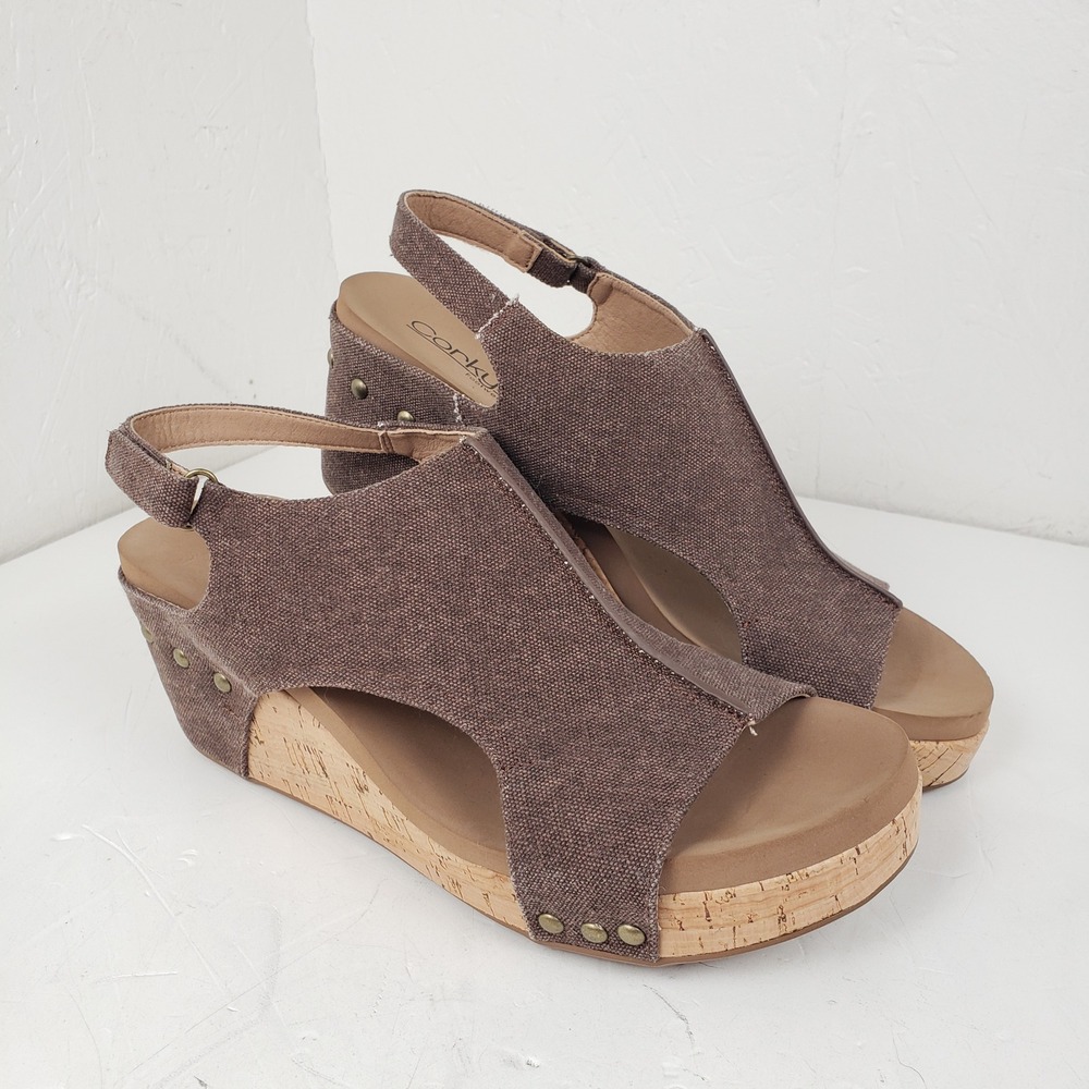 Corkys Carley Brown Canvas Wedge Sandals Slingback Platform Studded Womens 11